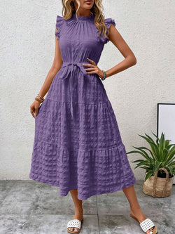 Tied Ruffled Cap Sleeve Midi Dress