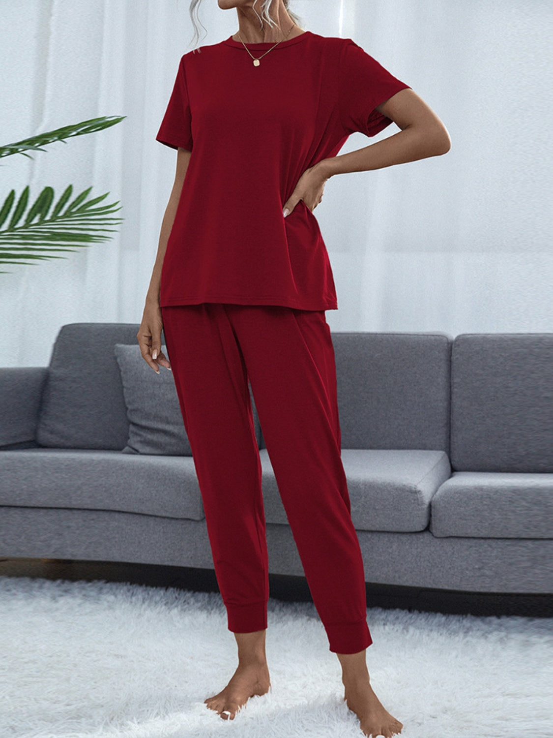 Shiny Round Neck Top and Pants Lounge Set