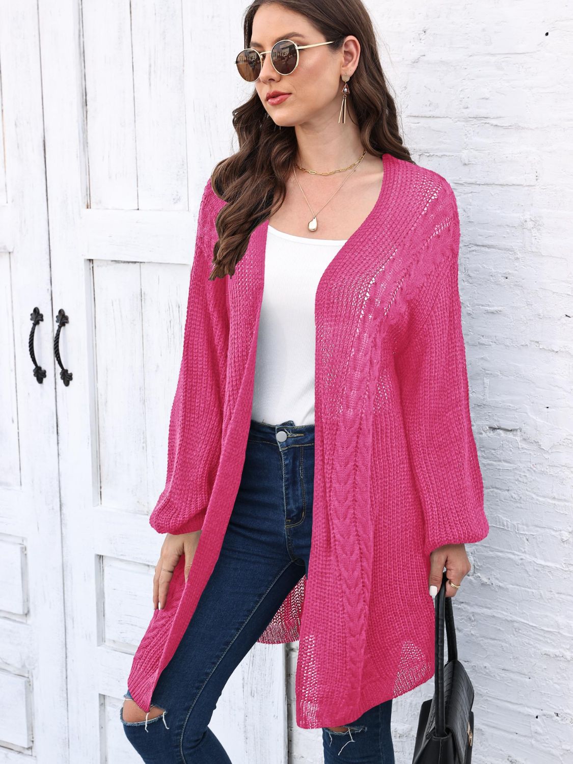 Cable-Knit Open Front Long Sleeve Cardigan