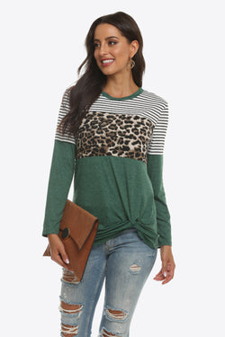 Mixed Print Gathered Detail Long Sleeve Top