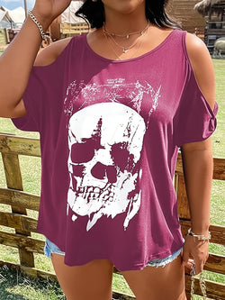 Camiseta con cuello redondo, hombros descubiertos y estampado de esqueleto en talla grande