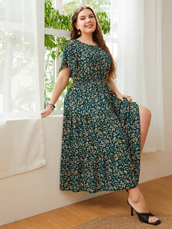 Honey Plus Size Floral Round Neck Short Sleeve Midi Dress