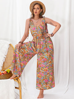 Plus Size Printed Wide Leg Sleeveless Jumpsuit