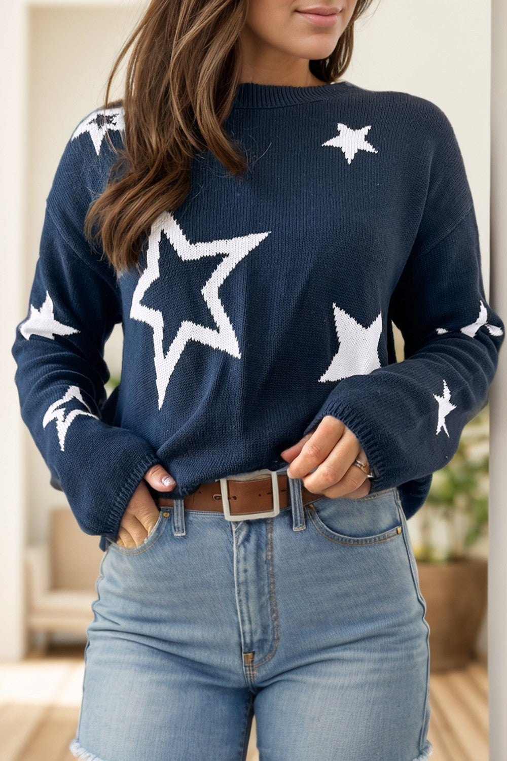 Star Round Neck Long Sleeve Sweater