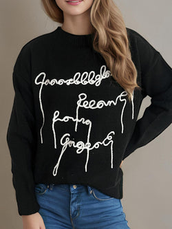 Letter Contrast Round Neck Dropped Shoulder Sweater