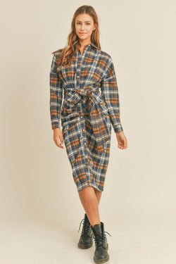 Mable Plaid Flannel Front Tie Button Down Shirt Dress