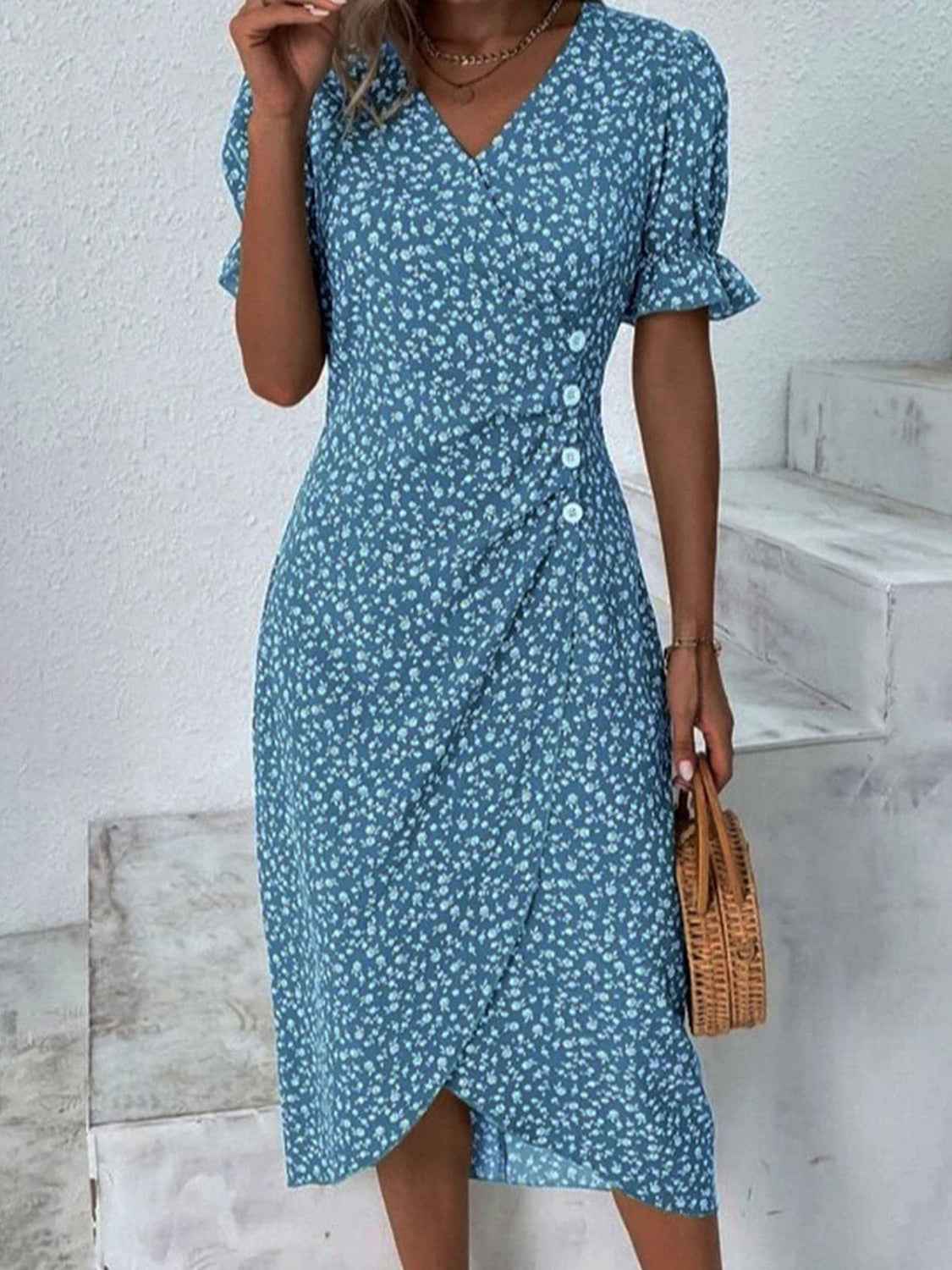 Full Size Printed Surplice Flounce Sleeve Midi Dress