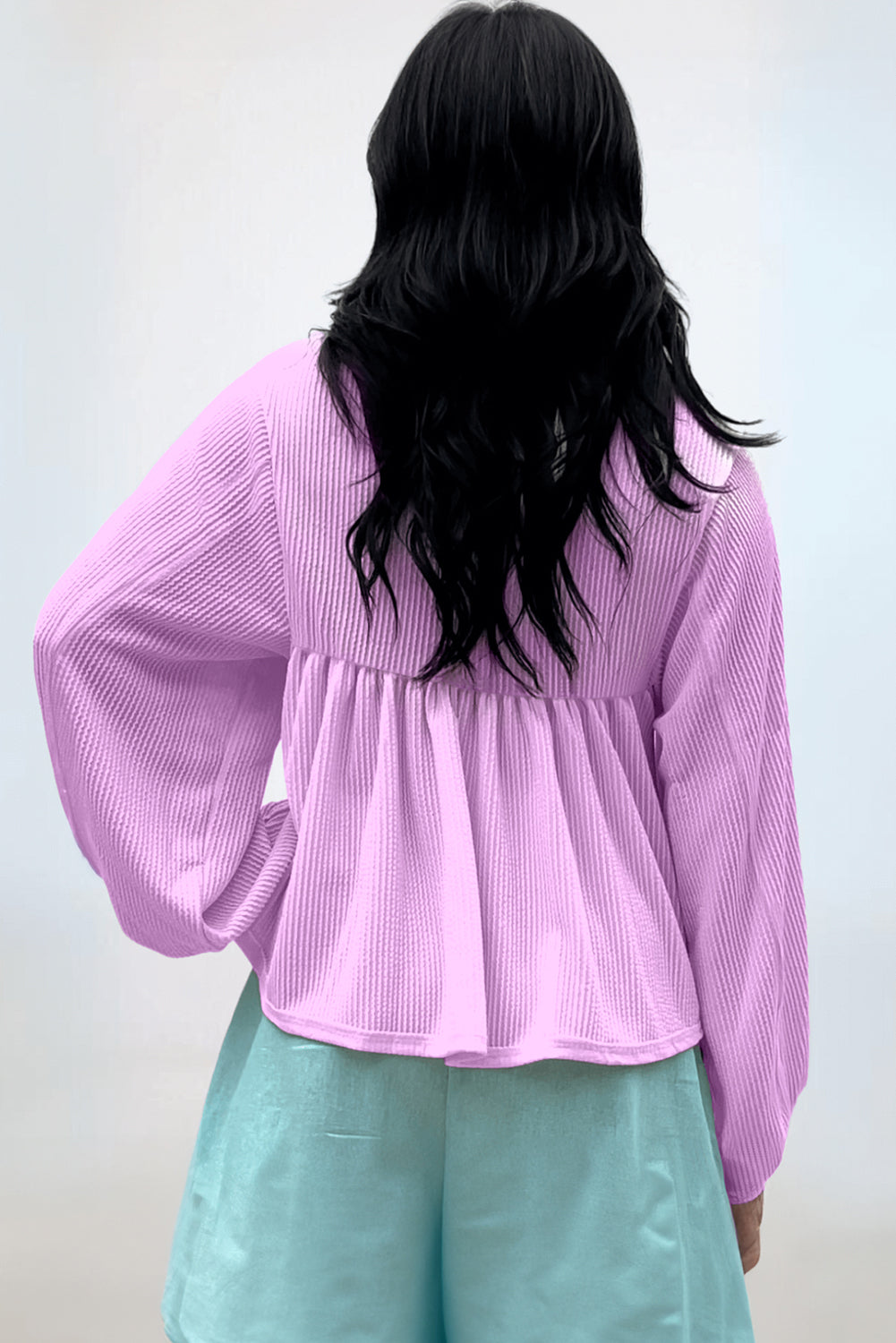 Texture Collared Neck Long Sleeve Blouse