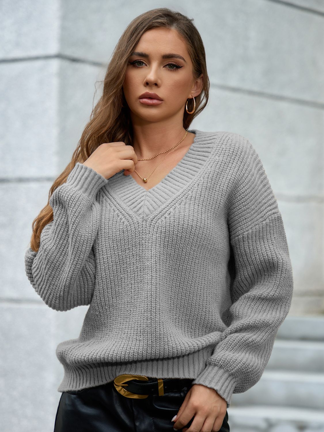 V-Neck Dropped Shoulder Long Sleeve Sweater