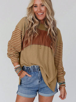 Round Neck Striped Long Sleeve Slit T-Shirt