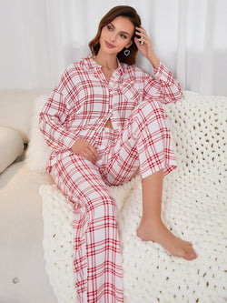 Plaid Collared Neck Long Sleeve Top and Pants Lounge Set