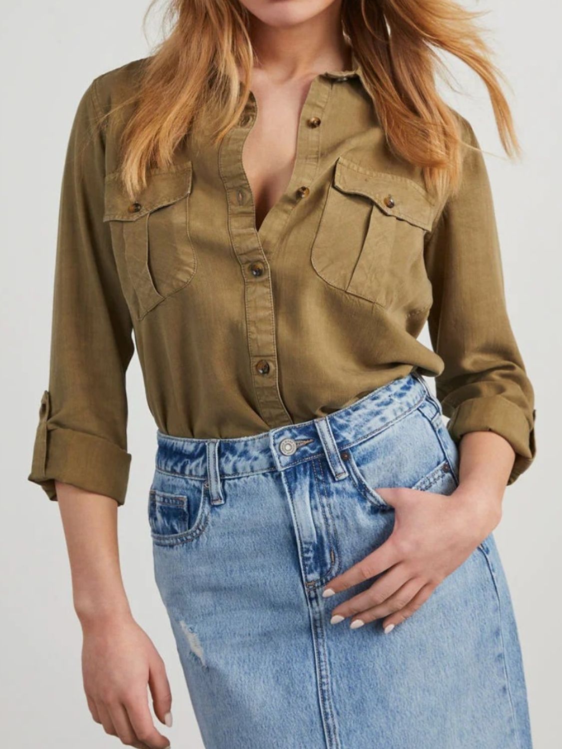 Collared Neck Roll-Tab Sleeve Denim Top