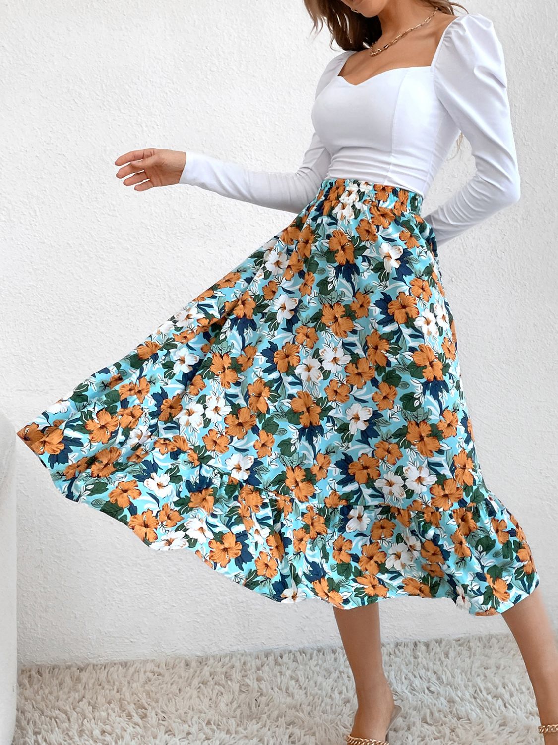 Printed Elastic Waist Midi Skirt