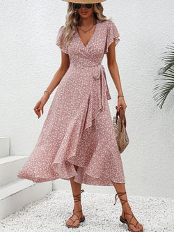 Printed Surplice Flutter Sleeve Midi Dress