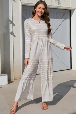 Striped Round Neck Long Sleeve Jumpsuit