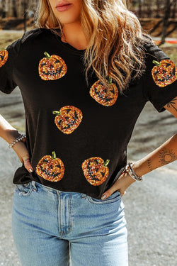 Camiseta de manga corta con cuello redondo y calabaza con lentejuelas