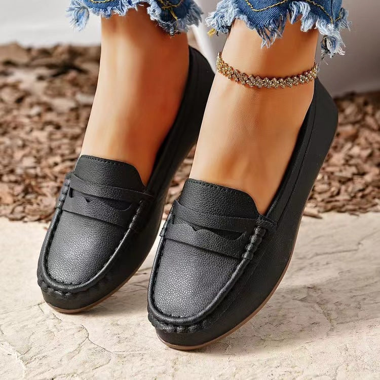 PU Leather Round Toe Flat Slip-Ons