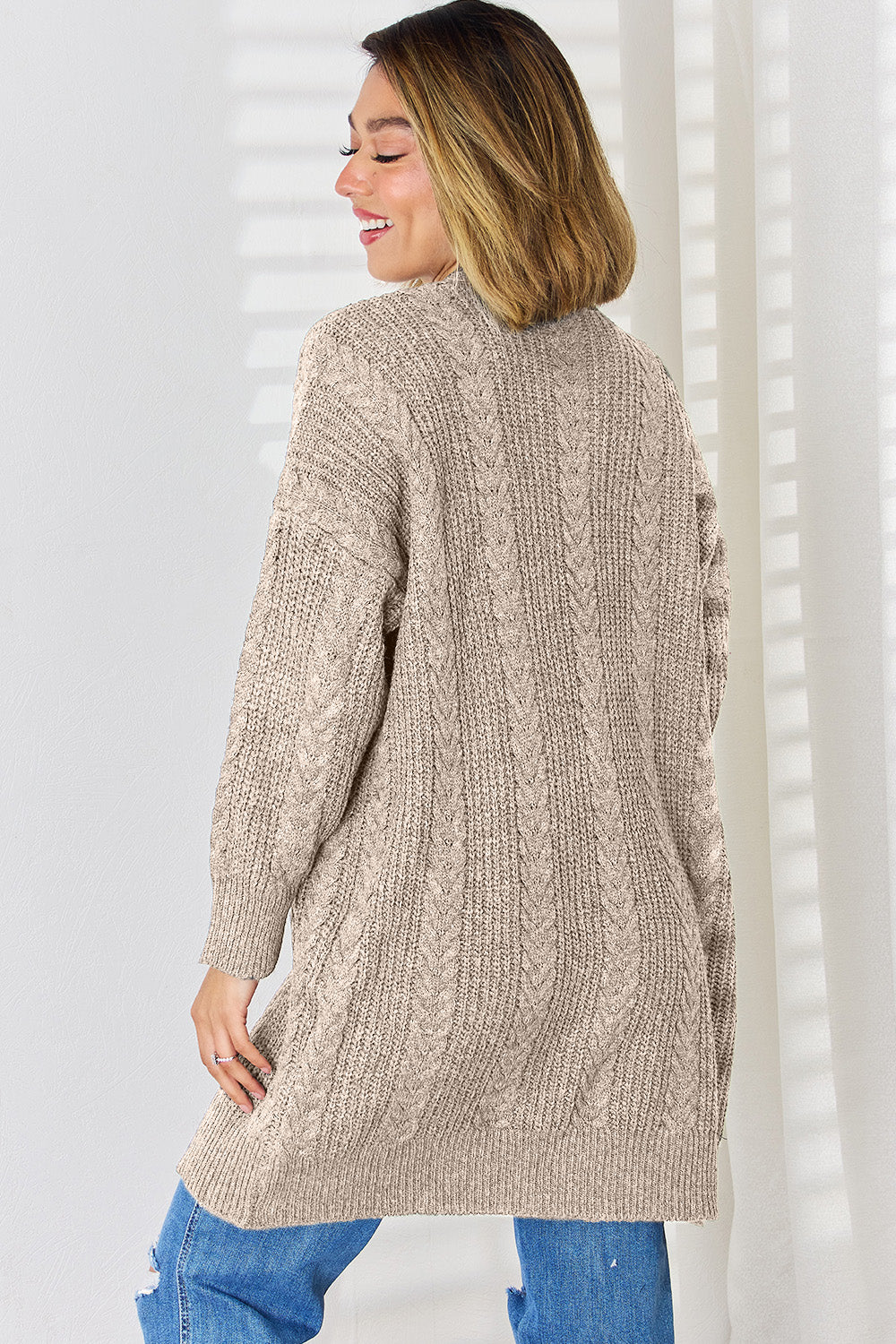 Cable-Knit Open Front Dropped Shoulder Cardigan