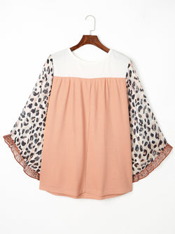 Blusa de manga larga con volantes y estampado de leopardo en talla grande