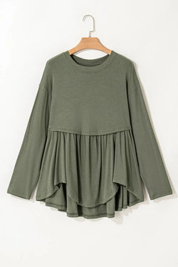 Blusa de manga larga con cuello redondo y peplum en talla grande