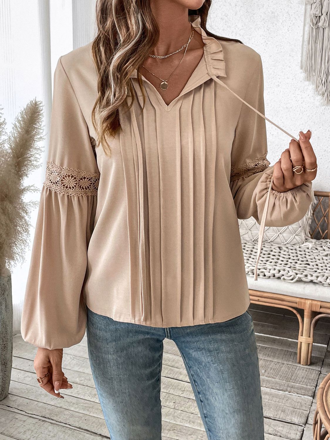 Perfee Frill Tie Neck Long Sleeve Blouse