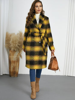 Plaid Tie Waist Long Sleeve Coat