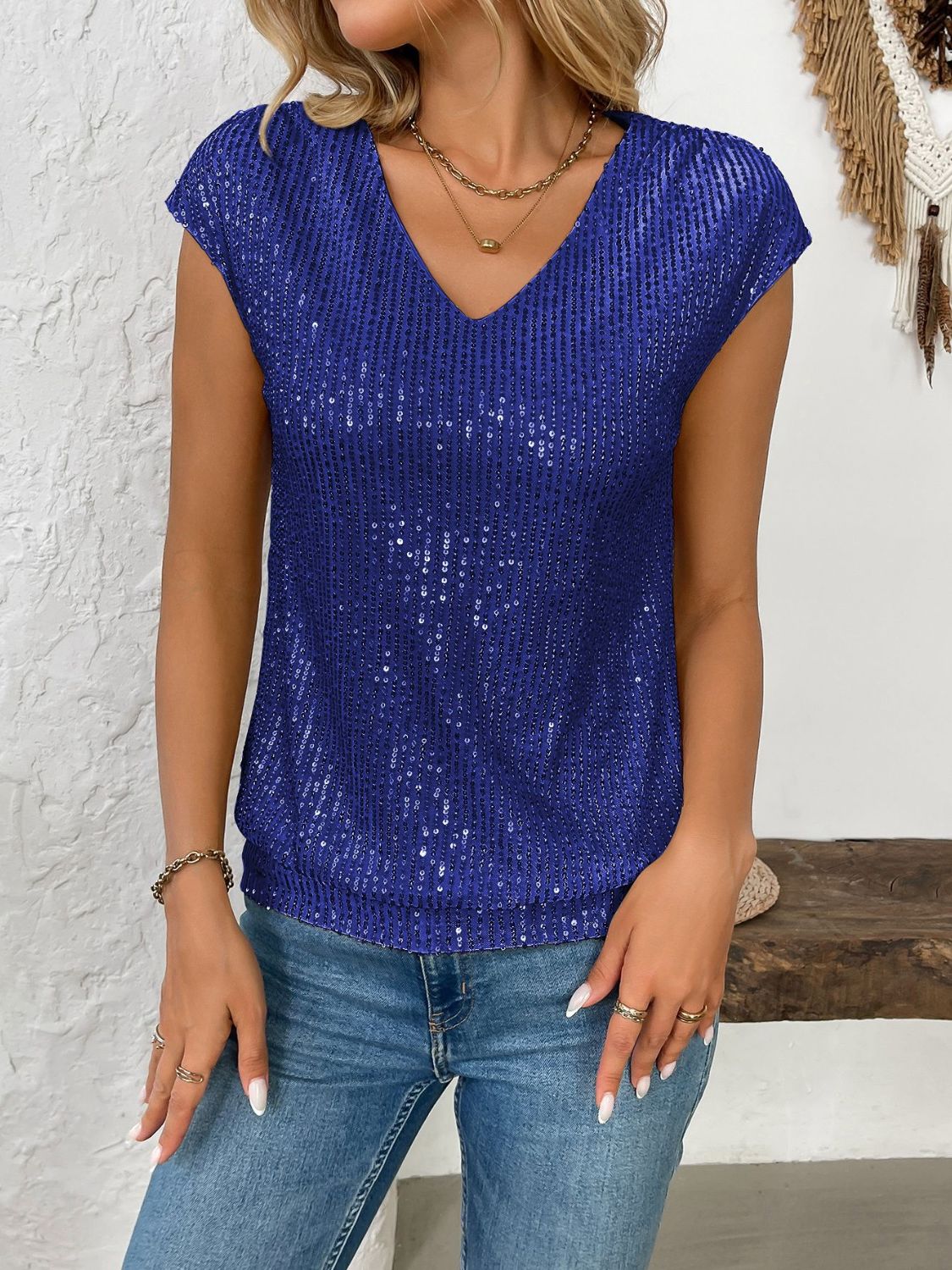 Sequin V-Neck Cap Sleeve Top