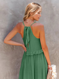 Ruffled Sleeveless Tiered Maxi Dress with Pockets