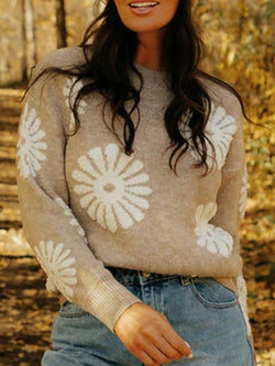 Perfee Flower Round Neck Long Sleeve Sweater