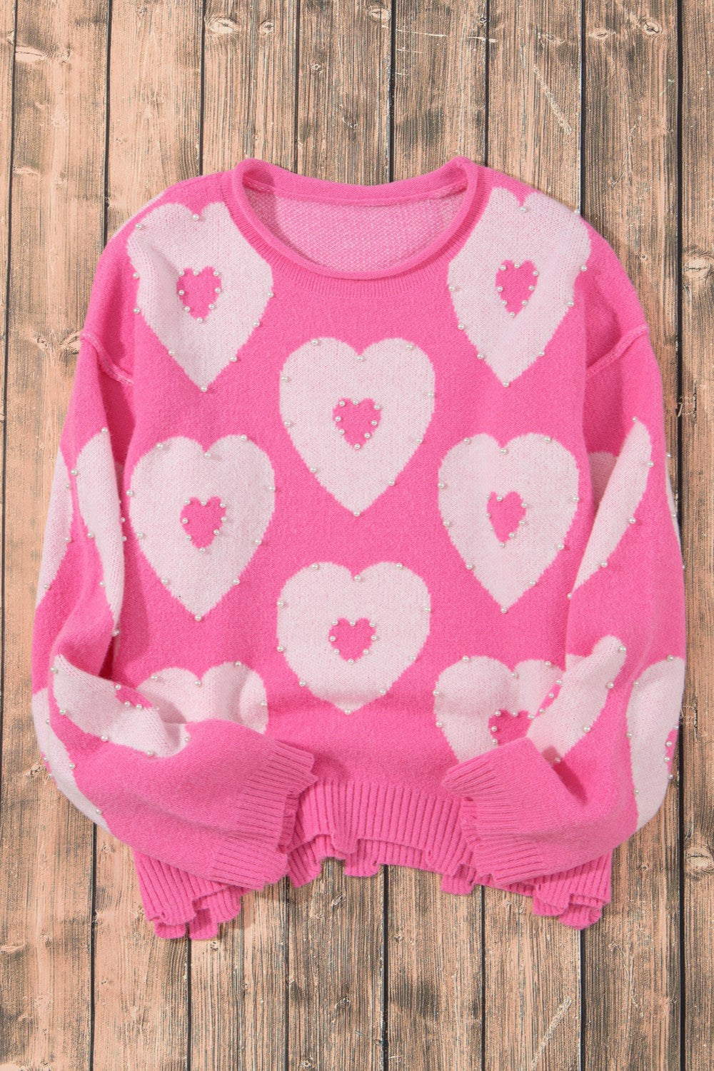 Pearl Detail Heart Round Neck Long Sleeve Sweater