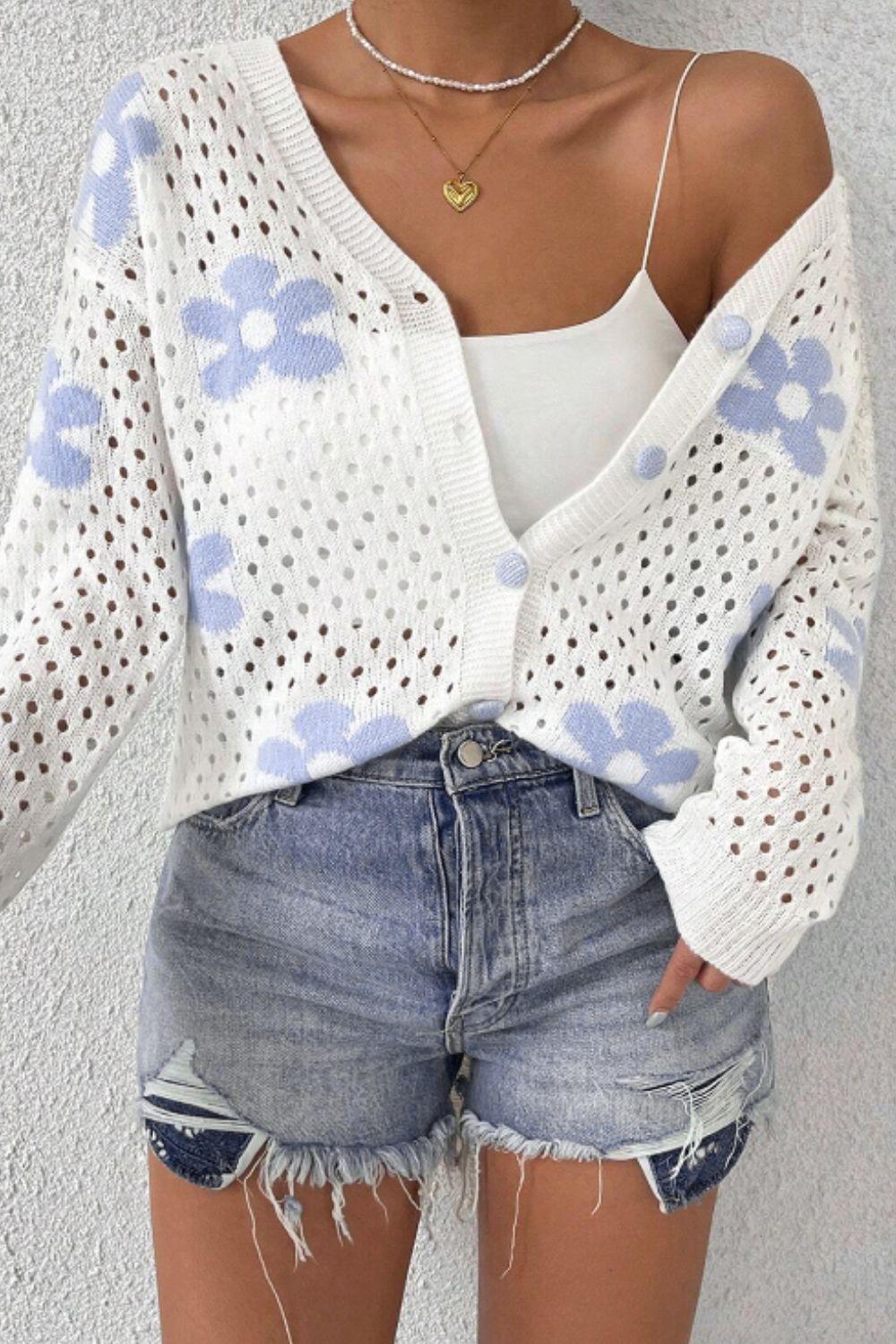 Flower Hollowed Out Button Down Long Sleeve Cardigan