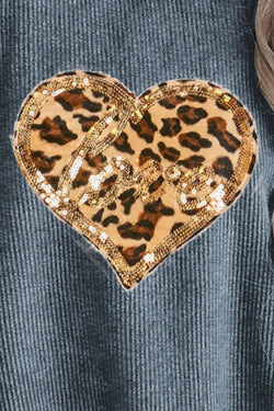 Heart Leopard Sequin Round Neck Sweatshirt