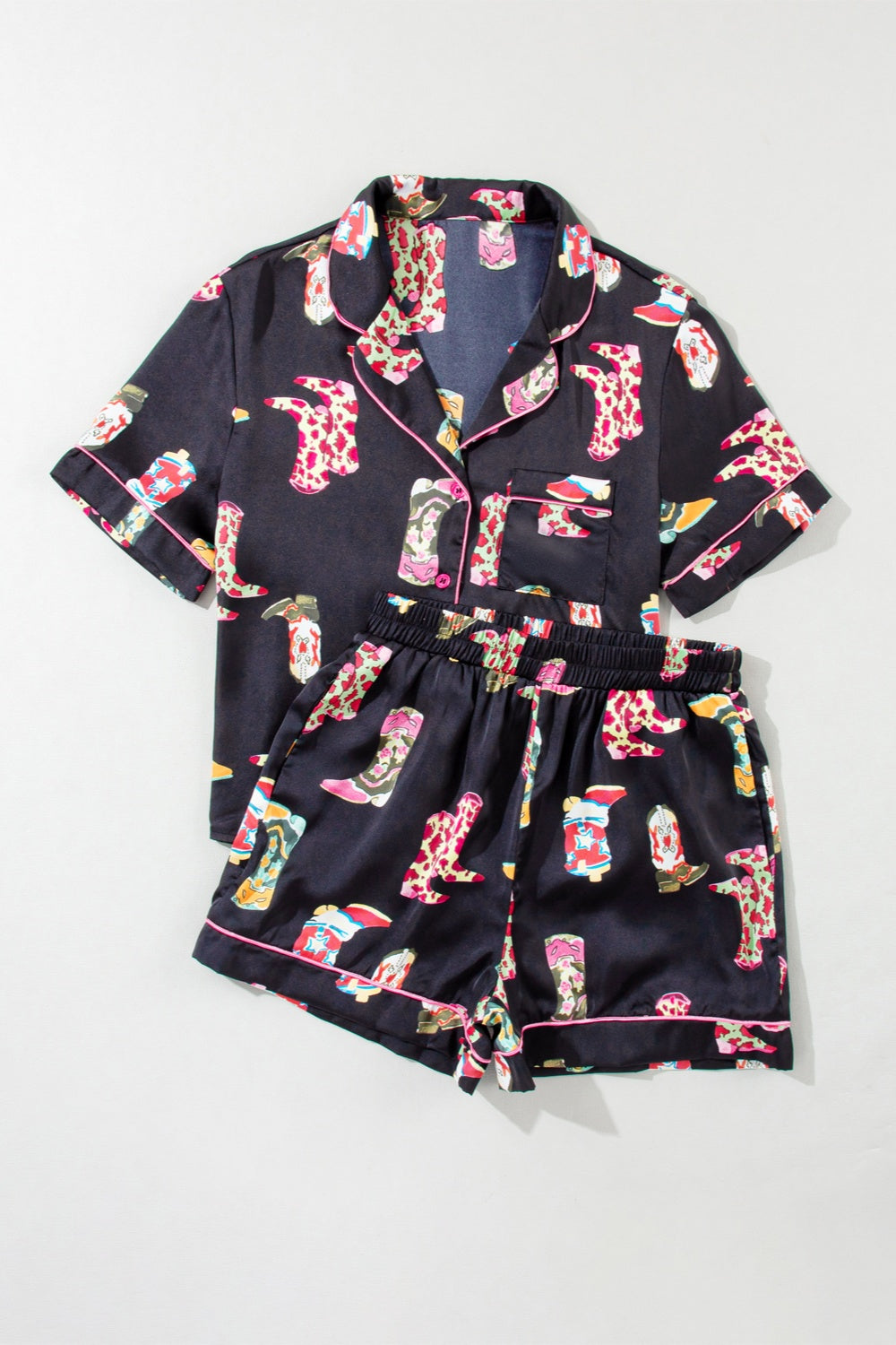 Printed Button Up Short Sleeve Top and Shorts Lounge Set