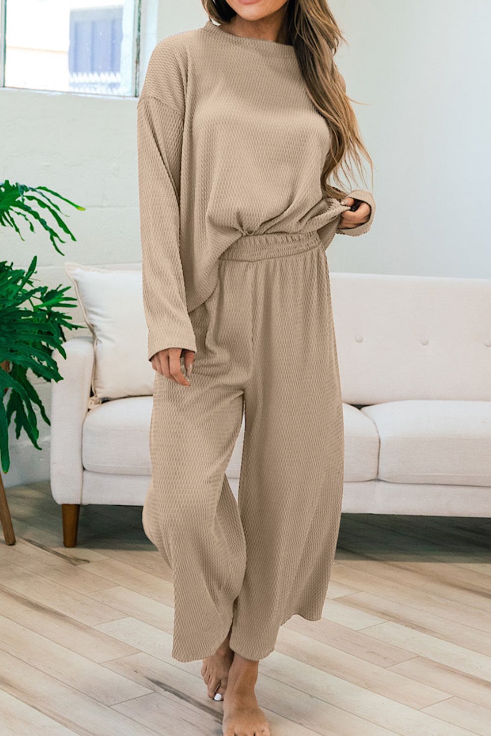 Round Neck Dropped Shoulder Top and Pants Set