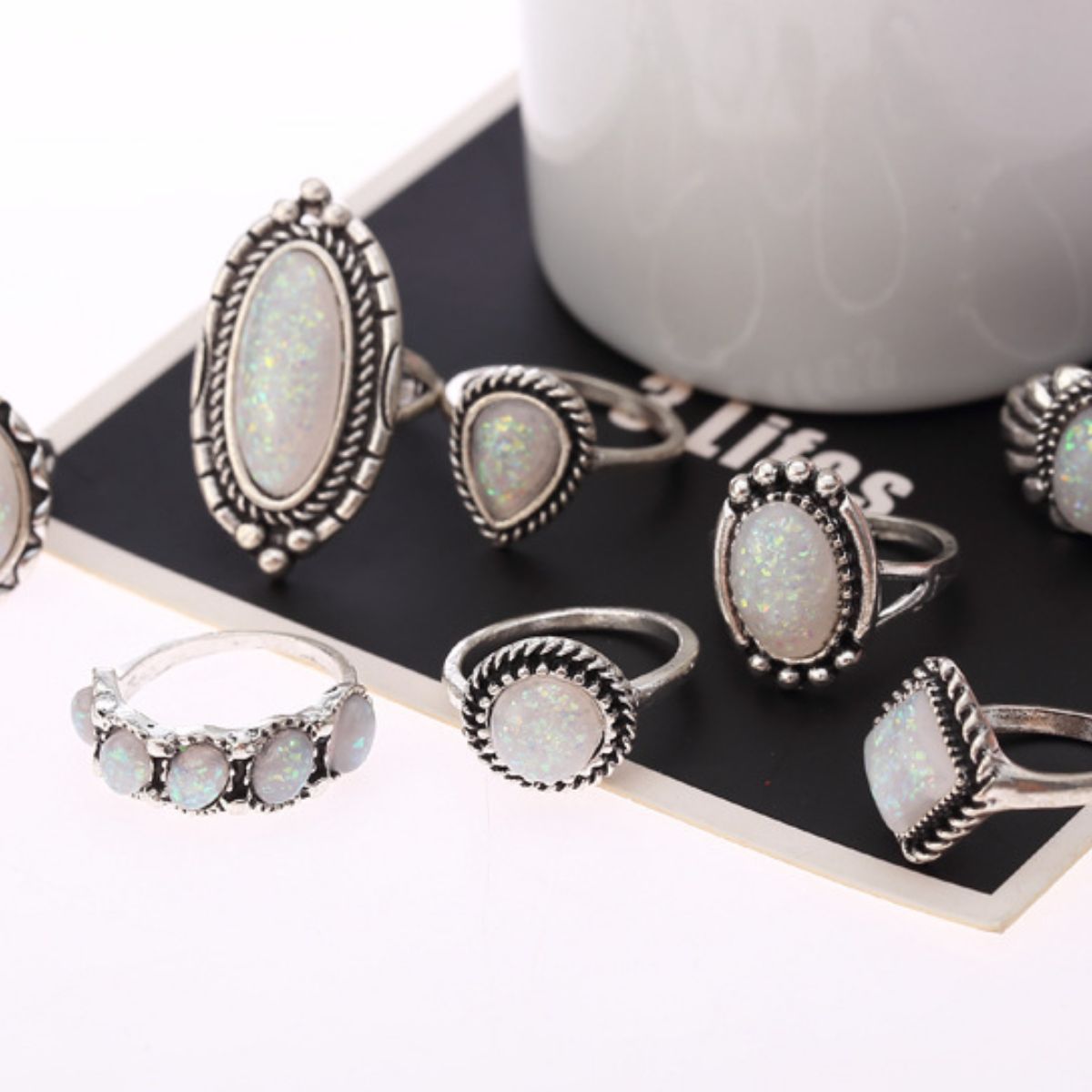 Opal Alloy Geometric Ring 10-Piece Set