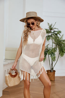 Vestido playero calado con ribete de flecos