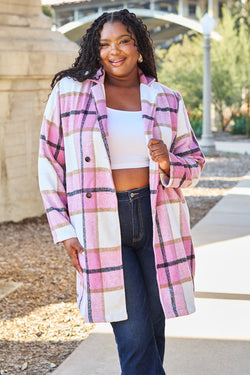 Double Take Full Size Plaid Button Up Lapel Collar Coat