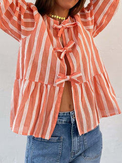 Tied Round Neck Balloon Sleeve Shirt