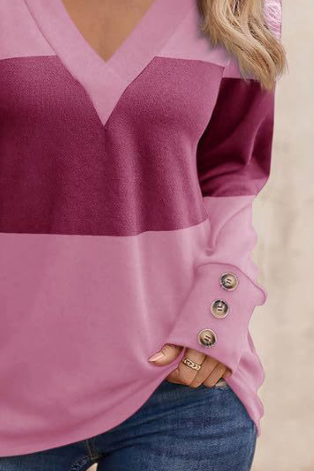 Decorative Button Contrast V-Neck Long Sleeve T-Shirt