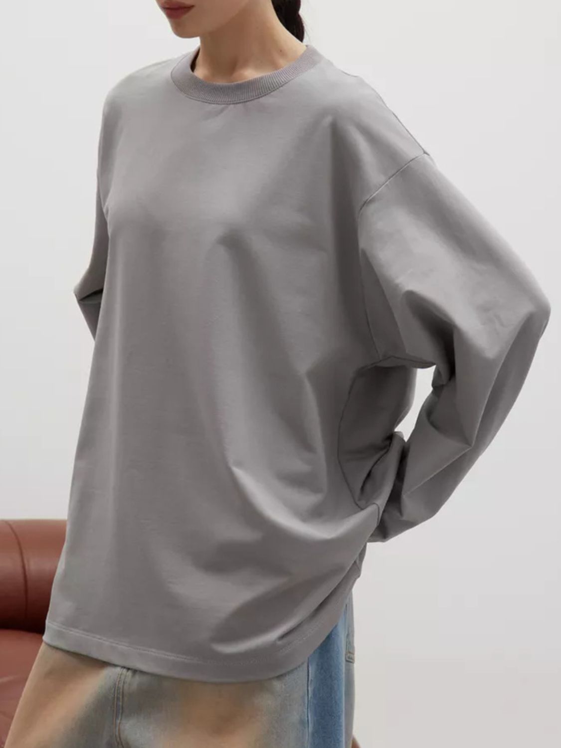 Round Neck Dropped Shoulder Long Sleeve T-Shirt