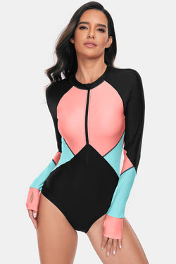 Color Block Half Zip Long Sleeve One-Piece Swimwear