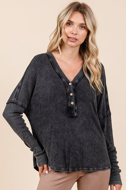 Mittoshop Washed V-Neck Long Sleeve Blouse