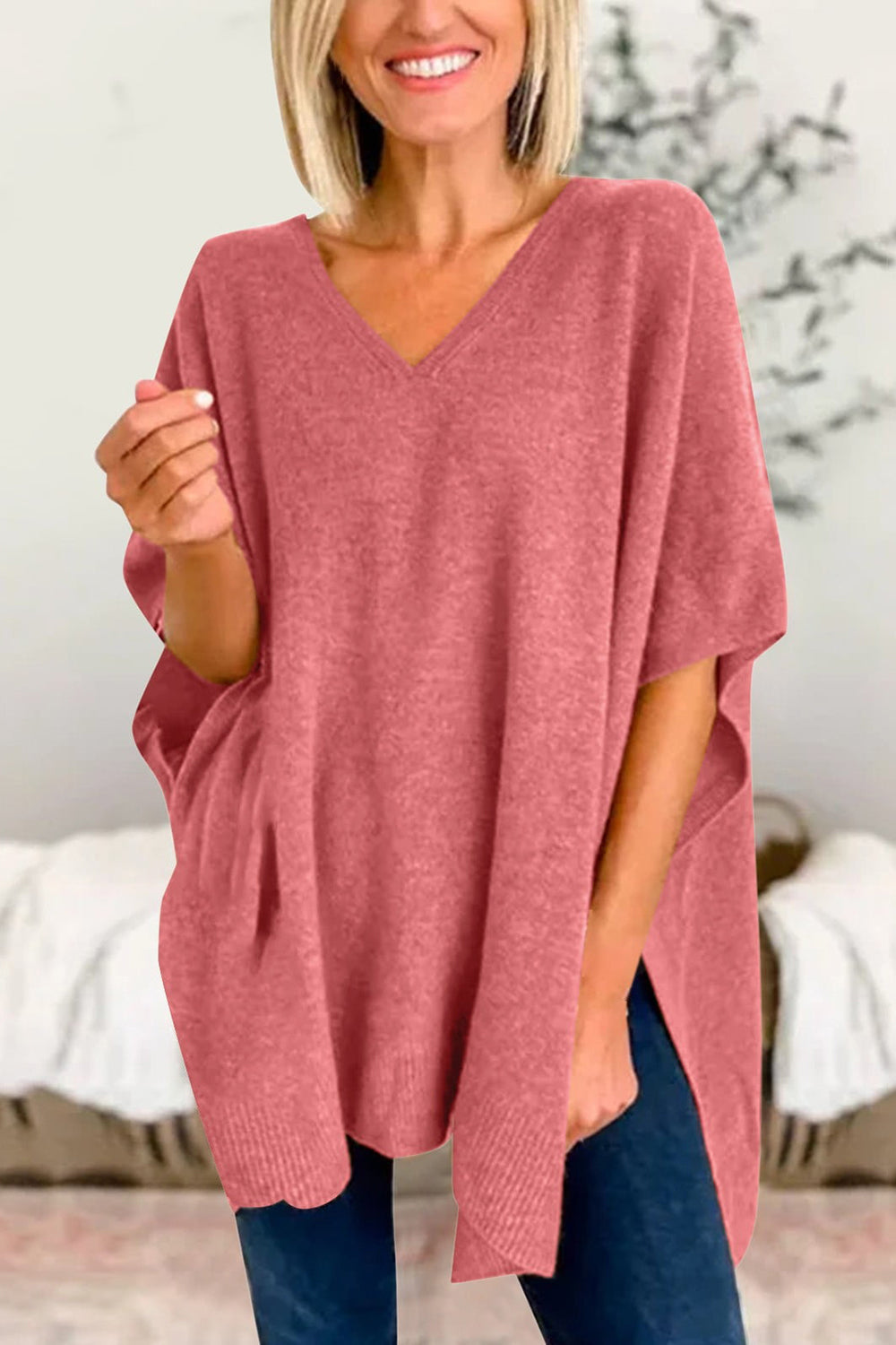 Slit V-Neck Half Sleeve Knit Top