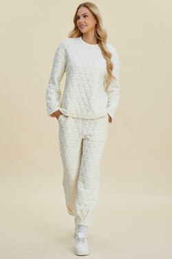 Double Take Full Size Texture Round Neck Long Sleeve Top and Pants Set