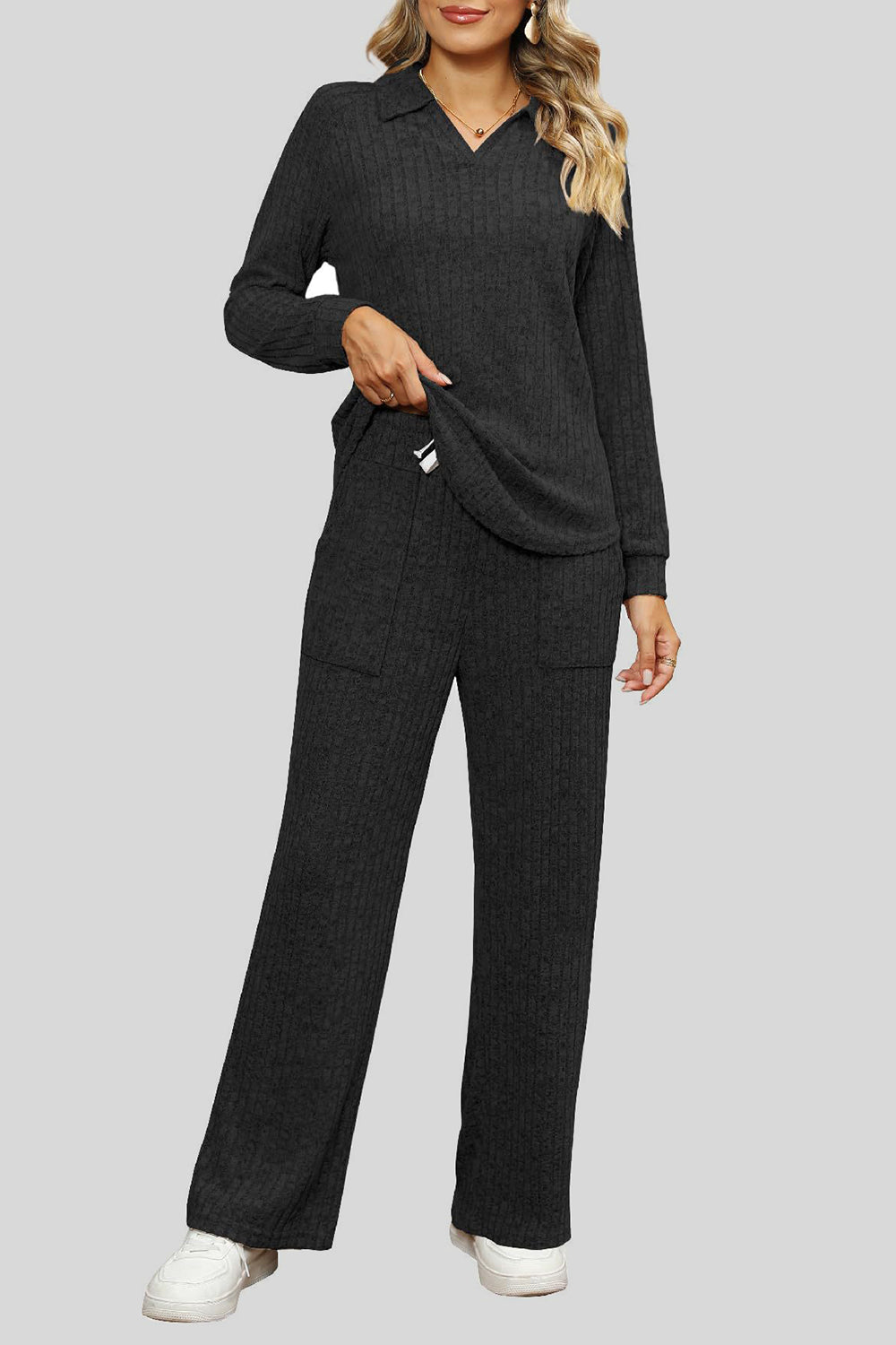 Ribbed Long Sleeve Top and Pocketed Pants Set