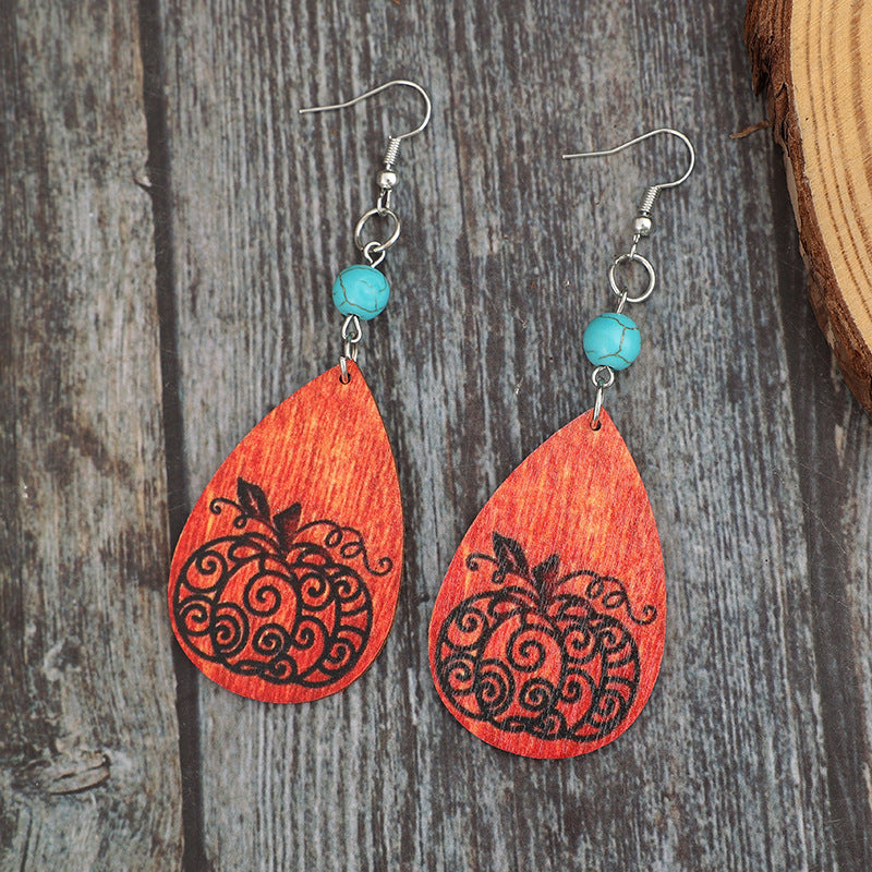 Pendientes de calabaza de madera color turquesa con forma de lágrima