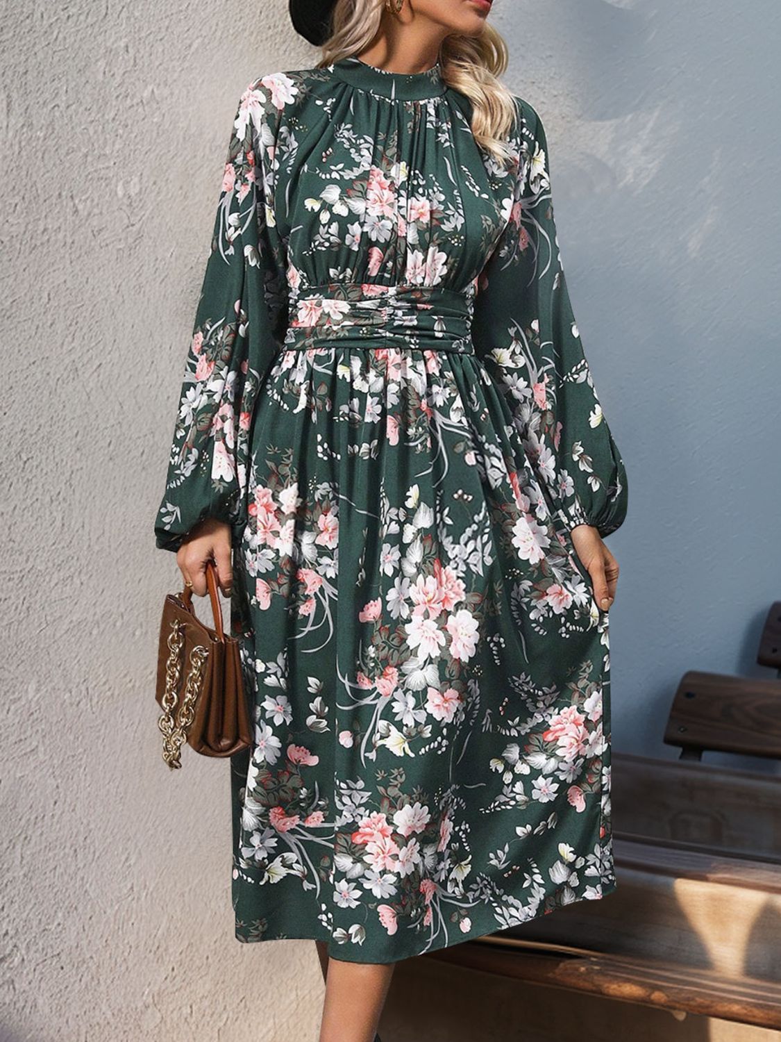 Perfee Ruched Printed Mock Neck Long Sleeve Midi Dress