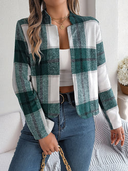 Plaid Open Front Long Sleeve Jacket