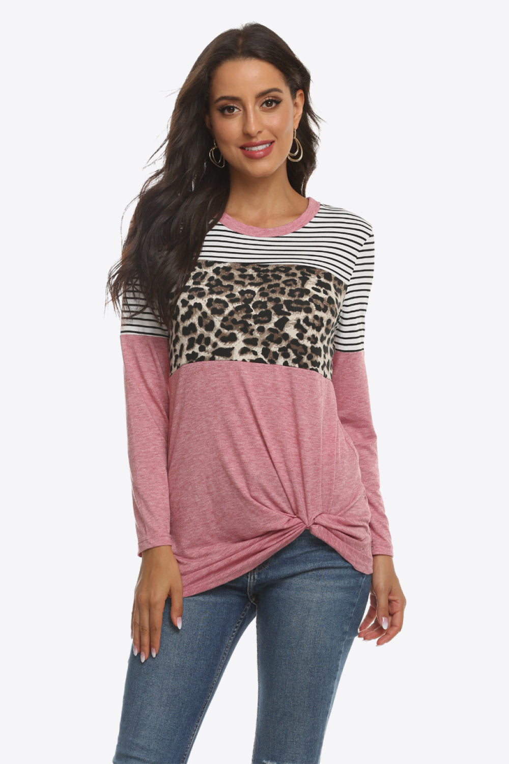 Mixed Print Gathered Detail Long Sleeve Top