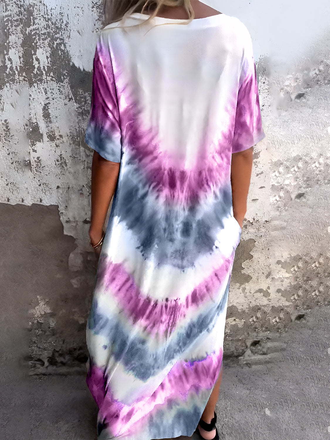 Vestido de manga corta con efecto tie-dye y bolsillos de tamaño completo